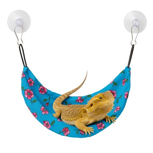 CTWPets Reptile Hammock & Lizard Hammock Hide (100% Polyester, 2 Suction Cups) 9.8" x 3.9" with 2.4" Ideal for Geckos, Lizards & Small Reptile Hide Crested Gecko Accessories (Blue Flowers, Medium) - color: Blue Flowers