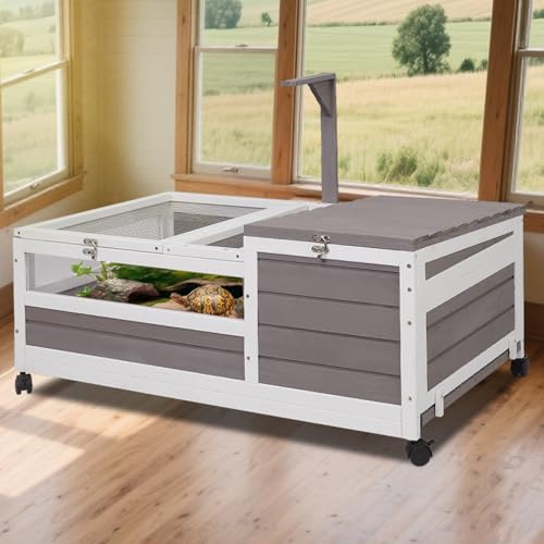 Tortoise Habitat Tank Indoor Outdoor, Wooden Tortoise House with Wheels, 2-Room Reptile Turtle Enclosure Cage for Small Animals, Lamp Holder, Leakproof Tray, Grey - size: 39.0"L x 23.0"W x 14.0"H