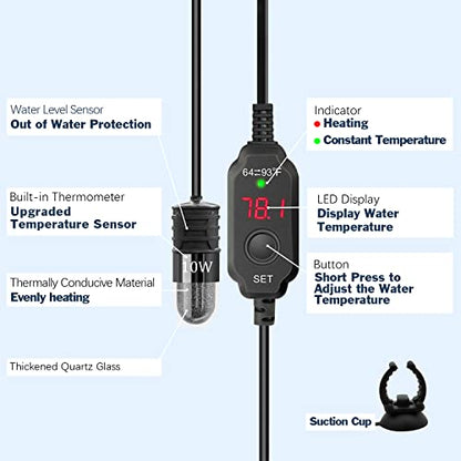 YOFOTHS Adjustable Mini Aquarium Heater 0.5/1/2/3 Gallon Submersible Small Fish Tank Heater 10W/20W/30W Digital Display Thermostat External Temperature Controller - size: USB-10W
