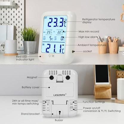 2Packs Digital Freezer Thermometer Fridge Temperature with Alarm, Backlight, Magnet, Power On/Off, Max/Min Temperature for Home, Restaurants, RV, External Sensor, AAA Battery (2)