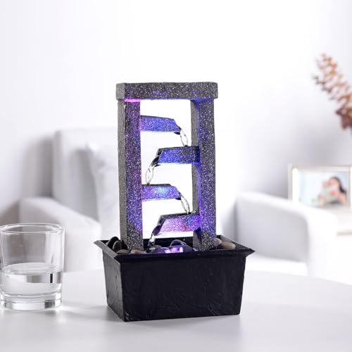 GOSSI 10" 4-Tier Tabletop Waterfall Fountain with Natural River Rocks, LED Lights, Resin Indoor Water Feature for Home Office Decor, Meditation Relaxation Gift - color: Cascading Ladder