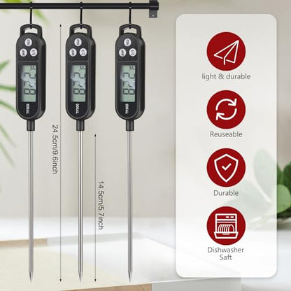 Copkim 6 Pcs Instant Read Meat Thermometer with Long Probe 9.65 Inch Kitchen Cooking Food Candy Waterproof Digital Thermometer for BBQ Water Milk Yogurt Liquid Cooking(Black) - color: Black