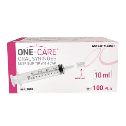 Pack of 100, ONE-CARE 10ml Oral Syringe with Cap, Latex-free, 100 Oral Dispensers - 10ml, Prolonged Slip Tip, Uses include oral administration of medicine for infants, adults and animals - size: 10 ml Black Scale