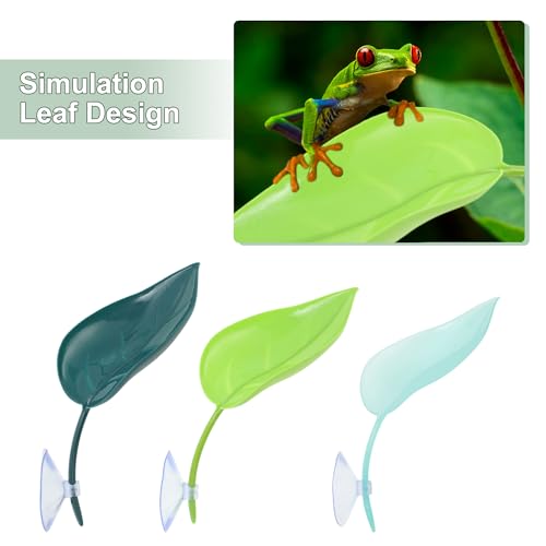 Frog Habitat Leaves, Artificial Plant Decoration with Suction Cups, Reptile Tank Decoration for Frog Lizards, Dark Blue, Green, Blue, 3 Pcs