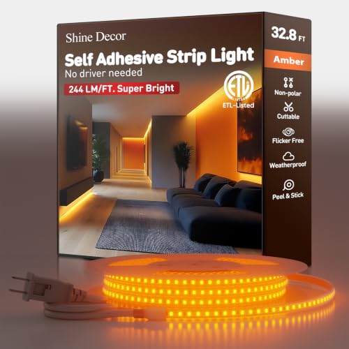 Shine Decor LED Strip Light Super Bright, Plug&Play 120V Driverless Easy Wiring, Flicker Free Weatherproof for Outdoor Indoor, Min. 3.9” Cuttable Stickable, Amber 32FT ETL Listed - color: Amber, size: 32.8 Ft