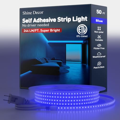 Shine Decor LED Strip Light Super Bright, Plug&Play 120V Driverless Easy Wiring, Flicker Free Weatherproof for Outdoor Indoor, Min. 3.9” Cuttable Stickable, Blue 50FT ETL Listed - color: Blue, size: 50 Ft