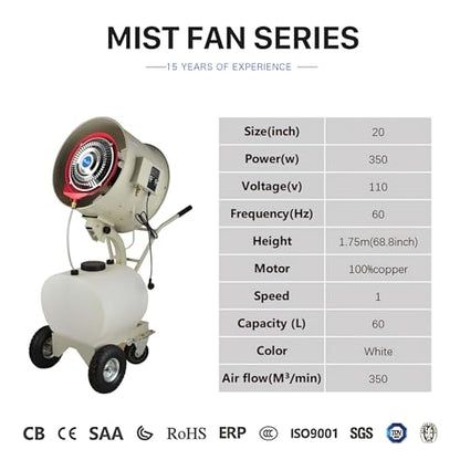 High Power Misting Fan – All Metal 20 inch 350W with 1200 Sq Ft Cooling & 16 Gal Tank (White 550W/20 inches)