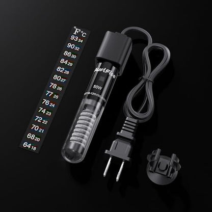50W Aquarium Heater, Small Submersible Fish Tank Heater with Mini Aquarium Thermometer, for Betta Turtle Saltwater Freshwater 5-10 Gallon Tanks