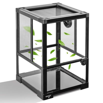 WACOOL TERRA Vertical Habitat Tank 10 Gallon for Tree Dwelling Reptiles and Amphibians, 360°Full Vision Glass Reptile Terrarium 12" x 12" x 18" with Double Side Mesh Panels