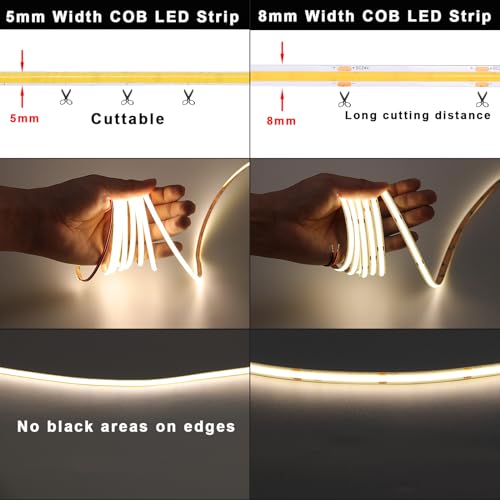 TOPAI 12V Thin 5mm COB LED Strip Waterproof 4000K Natural White 16.4ft Bright CRI>90 Uniform Dotless 400LEDs/M Self Adhesive Flexible Cuttable for DIY, Bedroom, Under Cabinet Lighting - color: Natural White 4000K