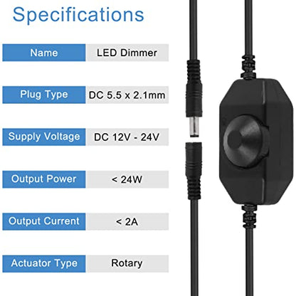 LED Strip Light Dimmer Switch DC 12V Controller for Single Color 3528 5050 LED Strip Light, with DC 5.5 x 2.1mm Jack Adapter Cable Dimmable LED Controller, 2 PCS - color: with DC adapter