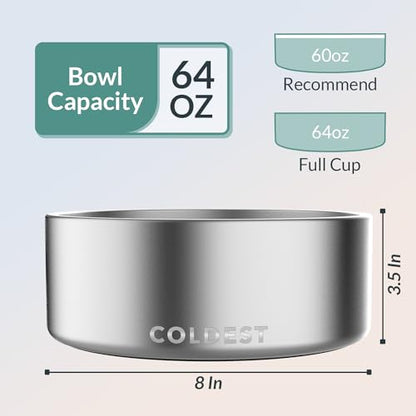 Coldest Dog Bowl - Anti Rust Metal, Non Slip, 3 Layers Insulated Stainless Steel Dog Bowls - Spill Proof & Heavy Duty - Water Bowl for Dogs, Cats, Dish Washer Safe (64 oz, Polished Stainless Steel) - color: Polished Stainless Steel, size: 64 oz