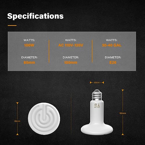 YSSOA 100W Ceramic Heat Emitter, Reptile Heat Bulbs, Ceramic Heat Lamp for Reptiles, Amphibian, Chicken, Dog, Cat, 2 Pack, White - color: White, size: 2 Pack, style: 100W