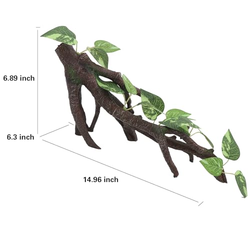 AQUA KT Reptile Climbing Branch Tree Trunk with Leaves for Lizard Bearded Dragon Snake Gecko Leopard Chameleon Frog Climbing Rainforest Terrarium Habitat Decoration