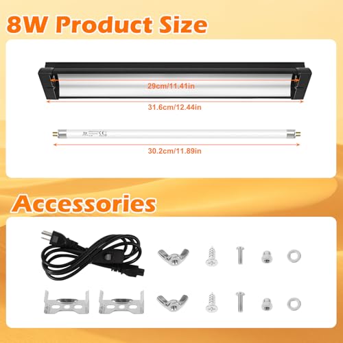 T5 UVB Reptile Light Fixture Combo Kit 8W 10.0 – Complete HO UVB Light for Reptiles with 12.44" Terrarium Hood, Desert UVB Bulb for Bearded Dragon Gecko Tortoise Lizard – Easy to Install and Use - size: 10.0-12.44 in