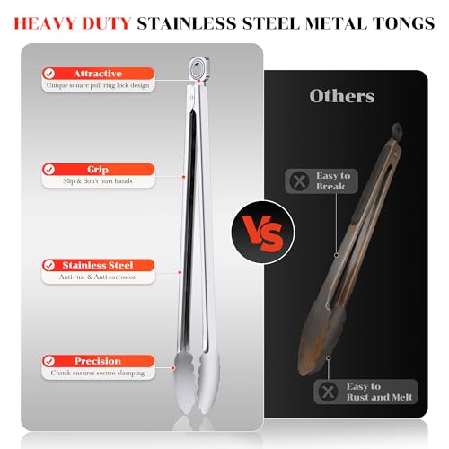 Grill Tongs - 12 Inch & 17 Inch Extra Long BBQ Tongs, Heat Resistant Stainless Steel Kitchen Tong, Heavy Duty Metal Locking Tong for Cooking, Grilling, BBQ/Barbecue, Food (All Metal - 12"+17") - color: All Metal - 12"+17"