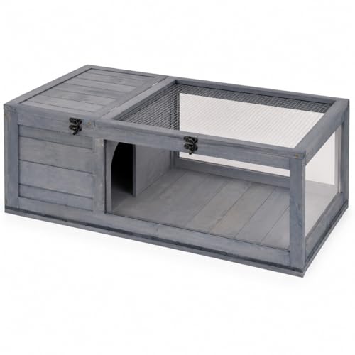 Wooden Tortoise Enclosure with Hideaway, Mesh Top and Clear Panels, Gray, 35.75" x 23.75" x 12.5", Indoor & Outdoor