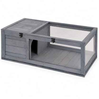 Wooden Tortoise Enclosure with Hideaway, Mesh Top and Clear Panels, Gray, 35.75" x 23.75" x 12.5", Indoor & Outdoor