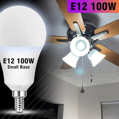 E12 LED Ceiling Fan Light Bulbs 100 Watt Equivalent, Daylight White 5000K 9W 1000LM, A60 Globe A19 Shape E12 Small Candelabra Screw Base Bulb for Chandelier Pendant Lighting, Non-Dimmable, 2 Pack - color: Daylight White, size: 100 Watts