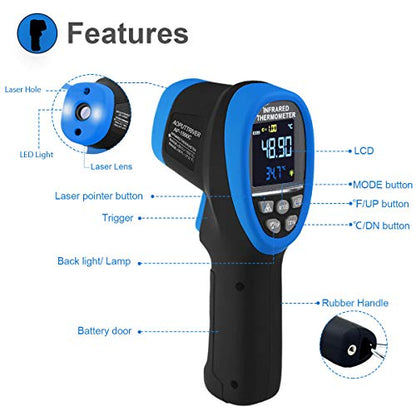 High Temp Thermometer Pyrometer -58℉- 2732℉,Dual Laser Industrial Pyrometer 30:1 Non Contact Digital Thermometer Gun with Large LCD Color Display Blacklight and Flashlight, Adjustable Emissivity - color: Colorful LCD AP-1500C