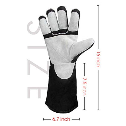 YESWELDER 16 Inches,932℉,Leather Forge MIG Welding Gloves, with Kevlar Stitching Heat/Fire Resistant, Palm Reinforcements, Black-Gray - size: Small, style: Reinforced Palms and Fingers Black White