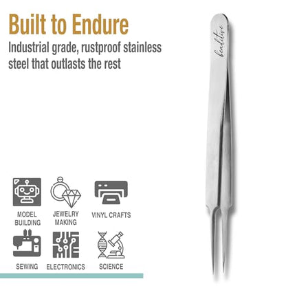 Beaditive High Precision Needle Nose Tweezers - 4.7" Craft Tweezers for Sewing, Beading, Quilling & DIY Crafts - Non-Serrated Jewelry Tweezers with Fine Tips - Stainless Steel