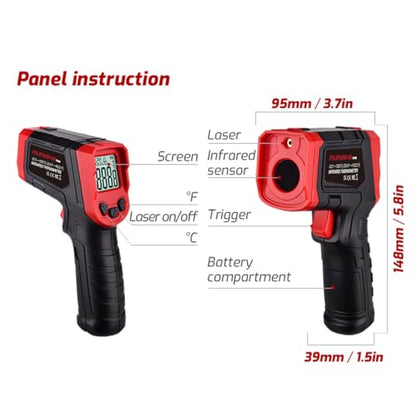 MUFASHA Infrared Thermometer Temperature Gun, -25.6℉ to 752℉ Dual Laser High Temp Thermometer with LCD Color Display, Non-Contact Industrial Pyrometer 12:1 Distance Ratio, TA400 - color: Red