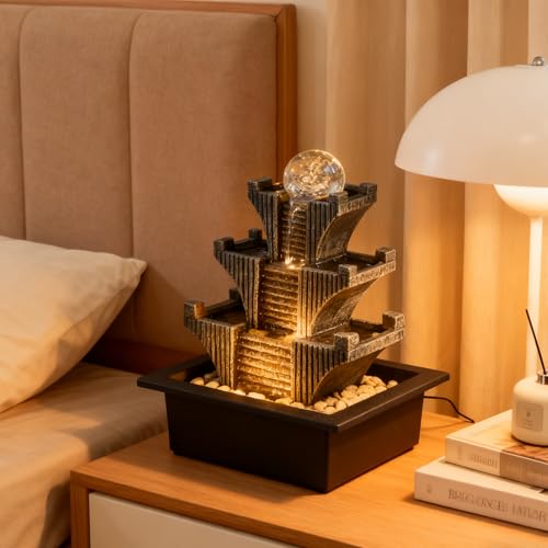 Tabletop Waterfalls Mountain with Pagoda Stepped & Spining Orb, Indoor Soothing Zen Fountain s for Home Office Relaxation - color: Style 4