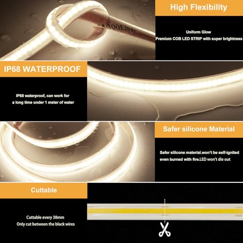 AXMOTUT 32.8ft COB LED Strip Lights Waterproof IP68, 4000K Natural White Outdoor 24V Dimmable Silicone LED Tape Lighting High Density, 6000LM+, 3200LEDs Clips and Screws(Power Supply Not Included) - size: 4000K/32.8ft-IP68