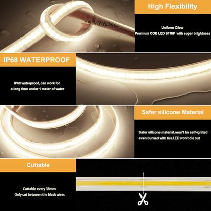 AXMOTUT 32.8ft COB LED Strip Lights Waterproof IP68, 4000K Natural White Outdoor 24V Dimmable Silicone LED Tape Lighting High Density, 6000LM+, 3200LEDs Clips and Screws(Power Supply Not Included) - size: 4000K/32.8ft-IP68