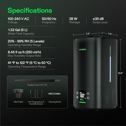 VIVOSUN AeroStream H05 Intelligent Wi-Fi Humidifier, 1.32 Gal / 5 L Humidifier with Temp & Humidity Probe, Smart Remote Control, Designed for Growers - size: 5 L