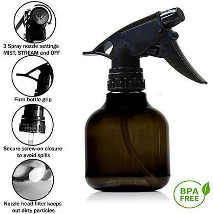 Nechtik Black Plastic Spray Bottles - 8 Oz, Pack Of 3, Leak Proof, BPA Free Material, Small Spray Bottle, Adjustable Trigger Mist to Stream And Off Modes.