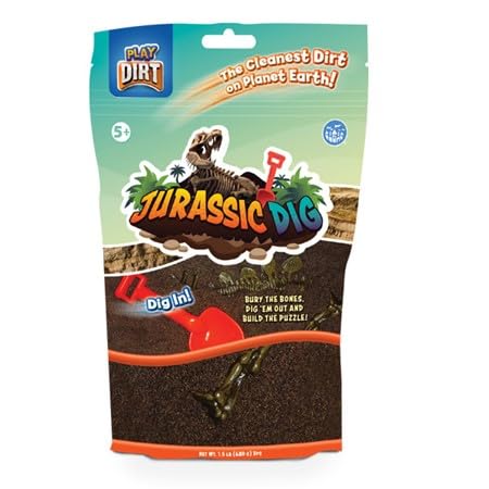 Play Dirt Jurassic Dig - Moldable No-Mess Play Dirt with Dinosaur Skeleton Puzzle & Mini Shovel - 1.5lb Sensory Excavation Toy for Kids