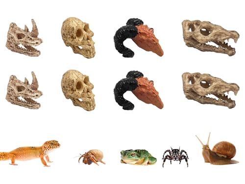 Oooct 8 Pcs Mini Animal Skull Statues - Realistic Resin Skeleton Head Decor for Reptile Habitat, Aquarium, Terrarium Tank Accessories for Bearded Dragons, Geckos, Lizards, Halloween Christmas Crafts