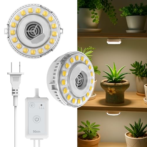 Plant Lights for Indoor Growing, 2 Pack 5W+5W Puck Grow Light, 150 Watt Equivalent,Small Full Spectrum High PPFD Mini Plant Growing Lamps with Timer, Sun Lamp Hanging Grow Lights for Shelves - size: 2-Head with timer