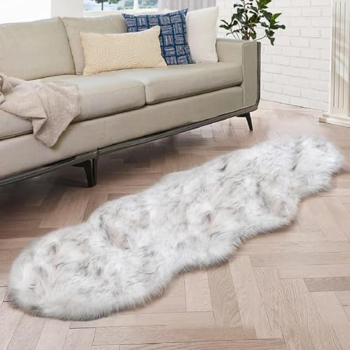 ORINOVA White and Grey Ultra Soft Faux Fur Shaggy Runner Rug 2x6 for Nursery Teen Room Dormitory Living Room Washable Furry Area Rug Décor - color: White With Grey Tips, size: 2' x 6' (Sheepskin Fur)