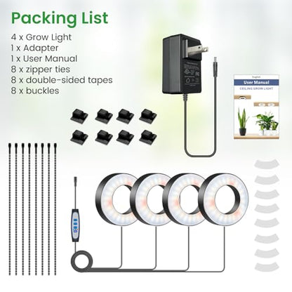 Wiaxulay Grow Lights for Indoor Plants, 192 LED Full Spectrum Plant Lights for Indoor Growing, 12V/2A Under Cabinet Grow Lamp with Auto Timer 6/12/16 Hrs, 3 Lighting Mode, 5 Brightness, Four Head - size: 3.5in-Four Head