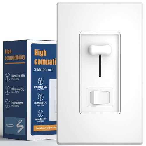 Amico Dimmer Light Switch, Single-Pole or 3-Way Slide Dimmer Switches for Led Lights, Suitable for 250W Dimmable LED/CFL Lights and 300W Incandescent/Halogen, Wall Plate Included, White, 1 Pack - size: Highly compatible Slide