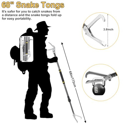 Snake Tongs Heavy Duty, 68" Snake Catcher Grabber for Rattlesnake Professional Safe Handling Snake Long Reach Grabber Wide Jaw Handling Tool with Lock Non Slip Foam Handle Sturdy Metal Tubes