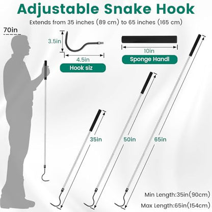 Snake Hook for Ball Python, 35"-65" Reptile Snake Hook Heavy Duty Long for Python Rattlesnakes Rattle Copperhead Removal with Sponge Grip and Stainless Steel Rubber Tip Hook - size: 35-60inch