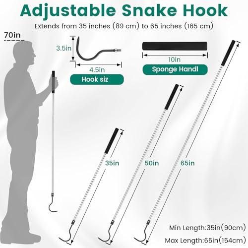 Snake Hook for Ball Python, 35"-65" Reptile Snake Hook Heavy Duty Long for Python Rattlesnakes Rattle Copperhead Removal with Sponge Grip and Stainless Steel Rubber Tip Hook - size: 35-60inch