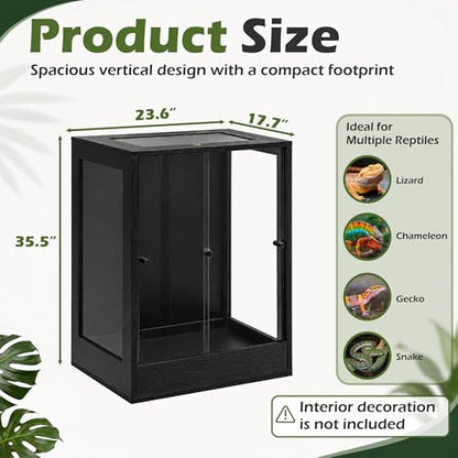 PROLEE 24" x 18" x 36" Tall Reptile Terrarium, 65 Gallon Glass Chameleon Cage, Vertical Crested Gecko Tank with Ventilated Mesh Top, Front Opening Rainforest Habitat, Black - color: Black, size: 24" L x 18" W x 36" H, 65 Gallon