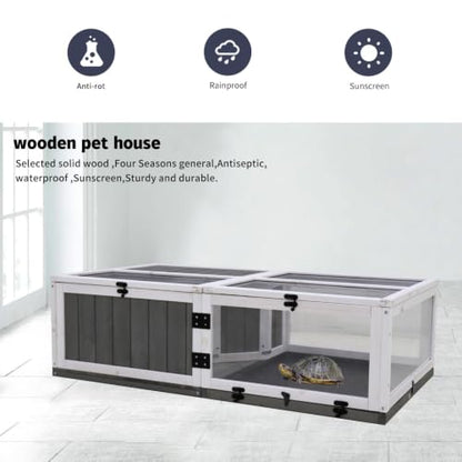 43 Inch Wooden Tortoise Cage, Indoor Outdoor House with Waterproof Trays, Rest and Play Water Area - Durable Acrylic Enclosure, Secure Wire Design, Ideal for Small Reptiles and Amphibians