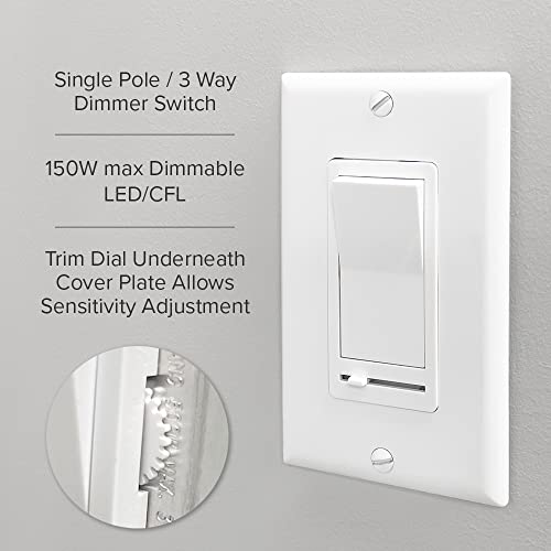 Maxxima LED Dimmer Light Switch, White, 3-Way/Single Pole Use, 2 Pack | 600 Watt Max, LED and Incandescent Compatible, Wall Plate Cover Included, - color: White, size: 2 Pack
