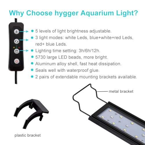 hygger 14W Full Spectrum Aquarium Light with Aluminum Alloy Shell Extendable Brackets, White Blue Red LEDs, External Controller, for Freshwater Fish Tank (18-24 inch) - size: 14W (18-24 inch)