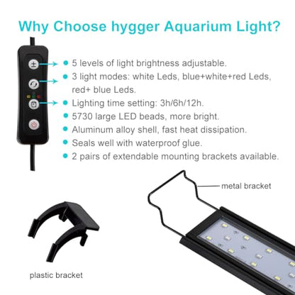 hygger 20W Full Spectrum Aquarium Light with Aluminum Alloy Shell Extendable Brackets, White Blue Red LEDs, External Controller, for Freshwater Fish Tank (30-36 inch) - size: 20W (30-36 inch)