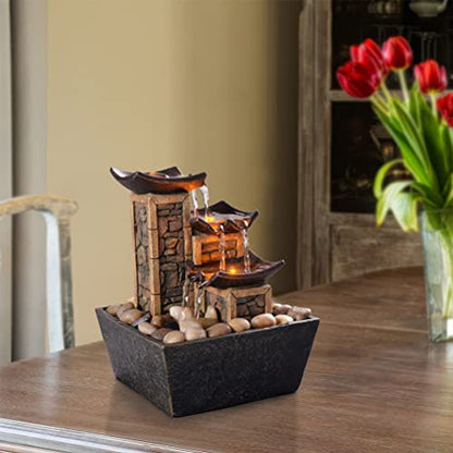 GOSSI Indoor 3-Tier Tabletop Water Fountain with Soothing Sound, Simulation Stone Pillar Design, Natural River Rocks, Reflective Lighting for Meditation and Relaxation - color: Yellow