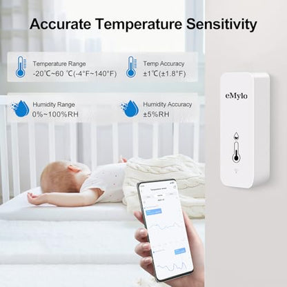 eMylo WiFi Thermometer Hygrometer, Wireless Indoor Temperature Humidity Sensor with App Alert & Data Storage, Smart Monitor for Home Bedroom Greenhouse, Alexa Compatible, Battery Included (4-Pack)