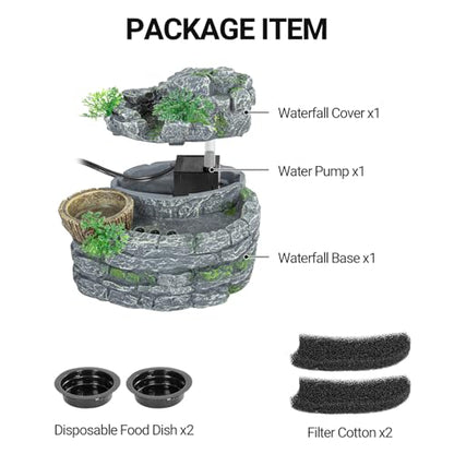 Reptile Water Fountain, Reptile Terrarium Waterfall Drinking Fountain with Food Dish for Bearded Dragon Lizard Leopard Crested Gecko Chameleon Frog