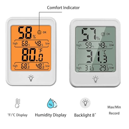 Digital Thermometer Hygrometer Meter, Indoor Room Thermometer Hygrometer Max/Min Record Mini Humidity Monitor with Backlight Magnetic for Baby Rooms, Bedrooms, Home, Office, and Wine Cellars(White)